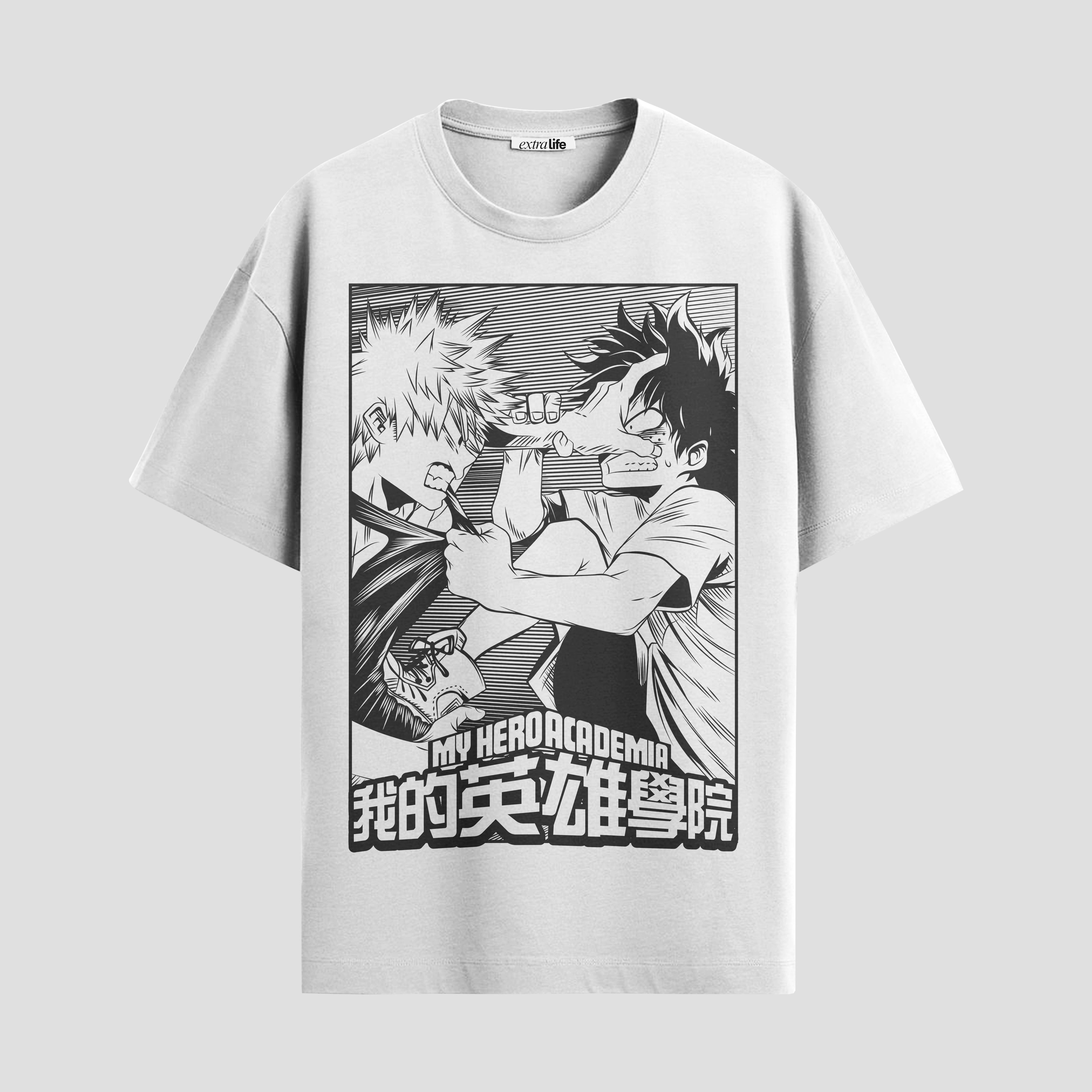 Playera urbana de anime y gaming ExtraLife MX, corte Standard Fit unisex ligero y transpirable en color Deep Black y Pure White, ropa de uso diario para gym y casual.