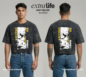 Playera streetwear premium de anime y gaming ExtraLife MX, corte boxy deluxe mineral wash heavyweight en color Acid Wash, moda urbana mexicana de culto.