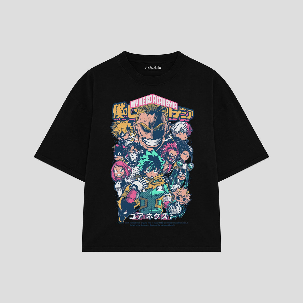 Playera streetwear premium de anime y gaming ExtraLife MX, corte oversized drop shoulder ligero y fresco en color Deep Black y Off-White, moda urbana mexicana de culto.