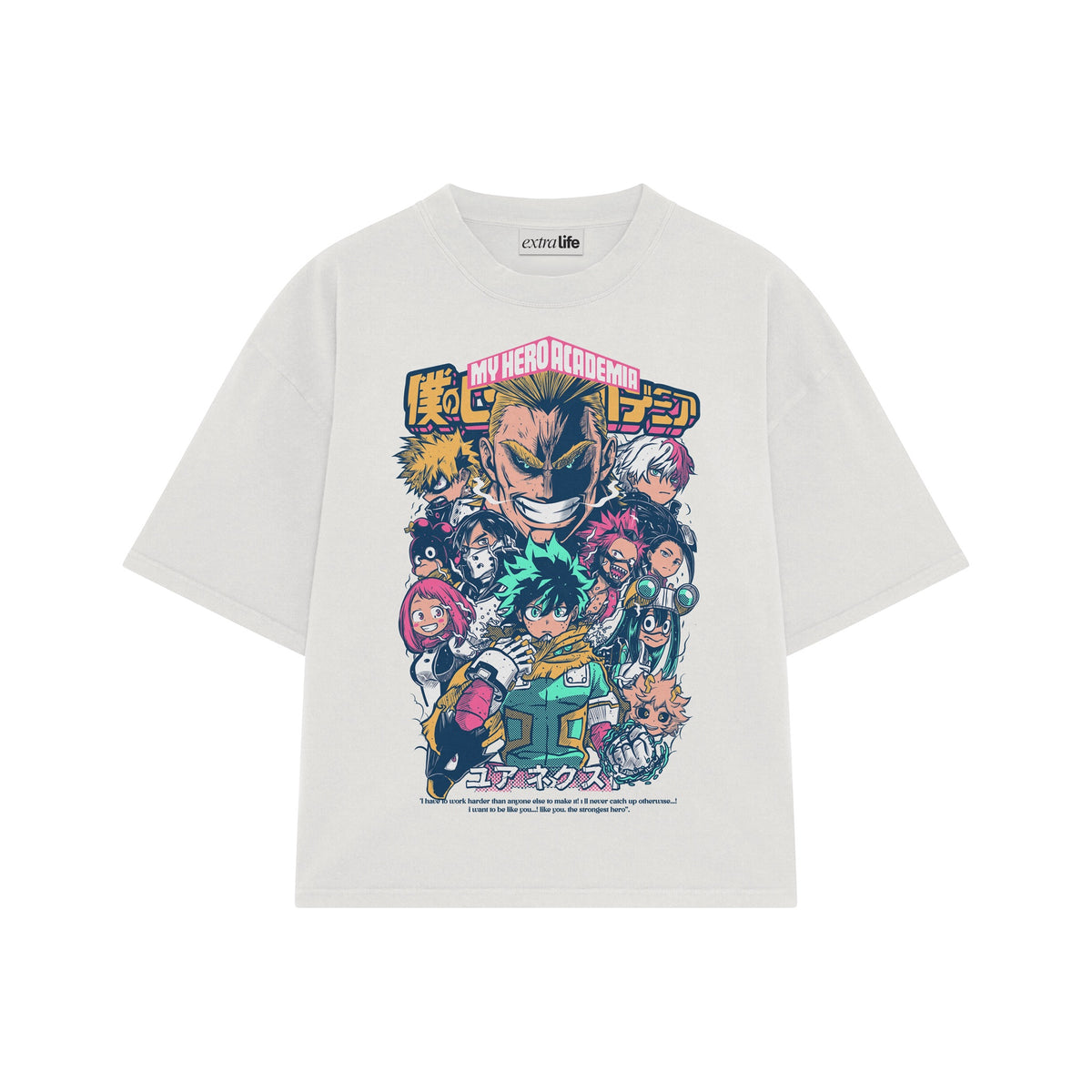 Playera streetwear premium de anime y gaming ExtraLife MX, corte oversized drop shoulder ligero y fresco en color Deep Black y Off-White, moda urbana mexicana de culto.