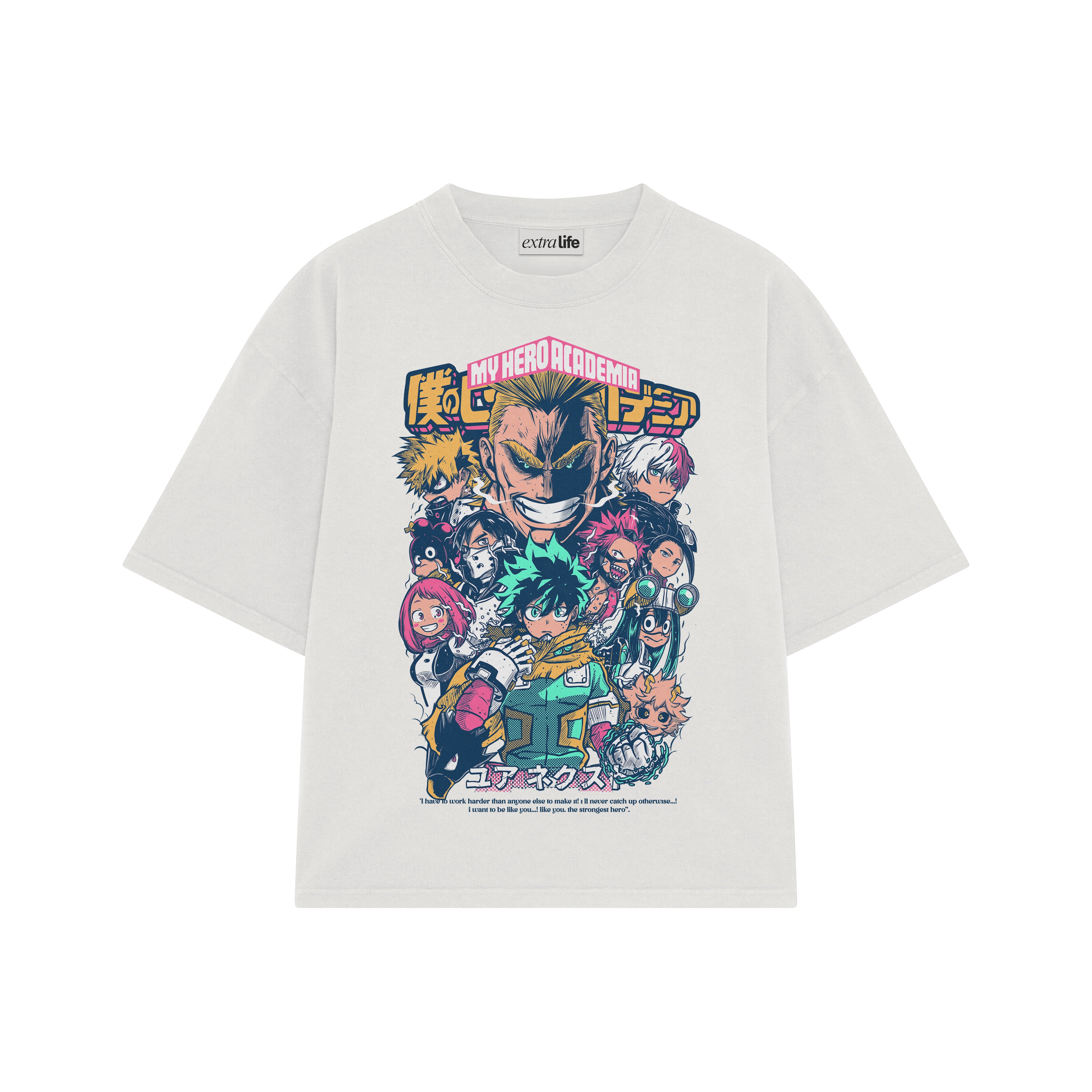 Playera streetwear premium de anime y gaming ExtraLife MX, corte boxy oversized drop shoulder heavyweight en color Deep Black y Off-White, moda urbana mexicana de culto.
