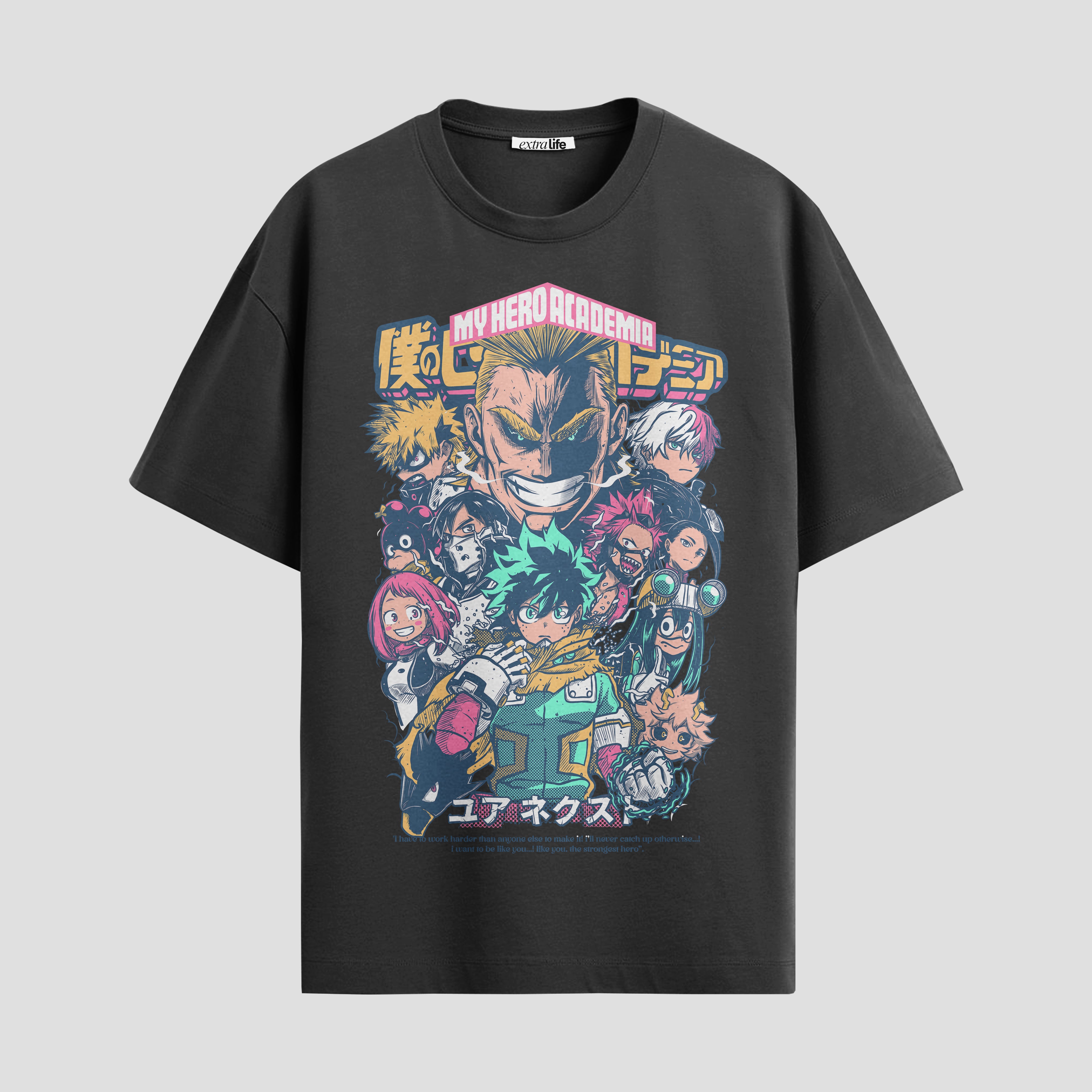 Playera urbana de anime y gaming ExtraLife MX, corte Standard Fit unisex ligero y transpirable en color Deep Black y Pure White, ropa de uso diario para gym y casual.