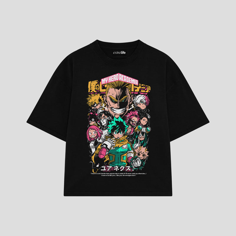 Playera streetwear premium de anime y gaming ExtraLife MX, corte boxy oversized drop shoulder heavyweight en color Deep Black y Off-White, moda urbana mexicana de culto.