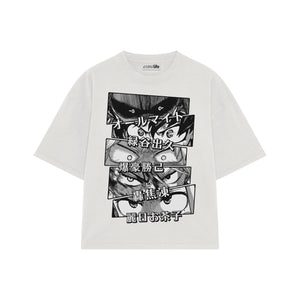 Playera streetwear premium de anime y gaming ExtraLife MX, corte boxy oversized drop shoulder heavyweight en color Deep Black y Off-White, moda urbana mexicana de culto.