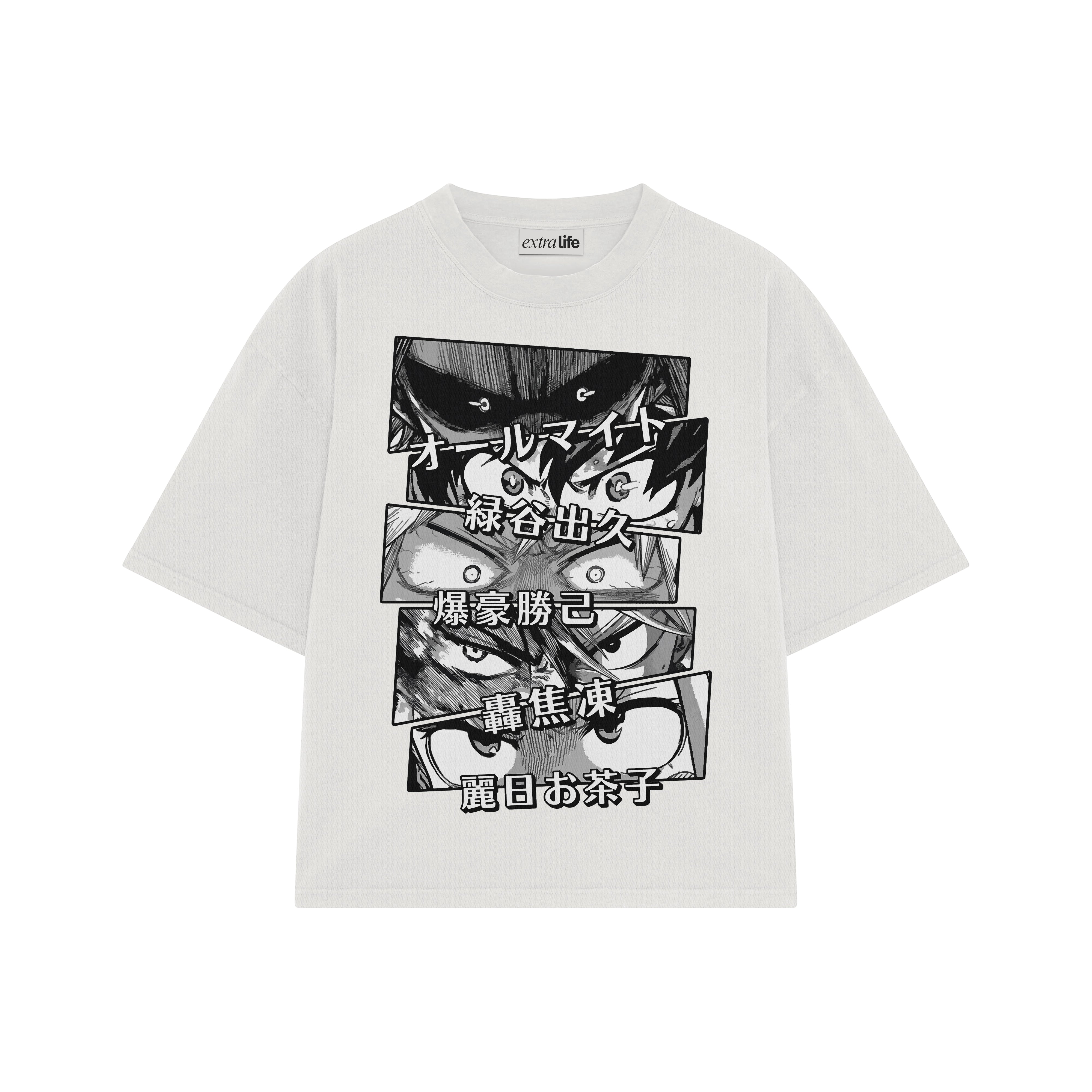 Playera streetwear premium de anime y gaming ExtraLife MX, corte boxy oversized drop shoulder heavyweight en color Deep Black y Off-White, moda urbana mexicana de culto.