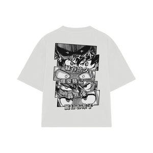 Playera streetwear premium de anime y gaming ExtraLife MX, corte boxy oversized drop shoulder heavyweight en color Deep Black y Off-White, moda urbana mexicana de culto.