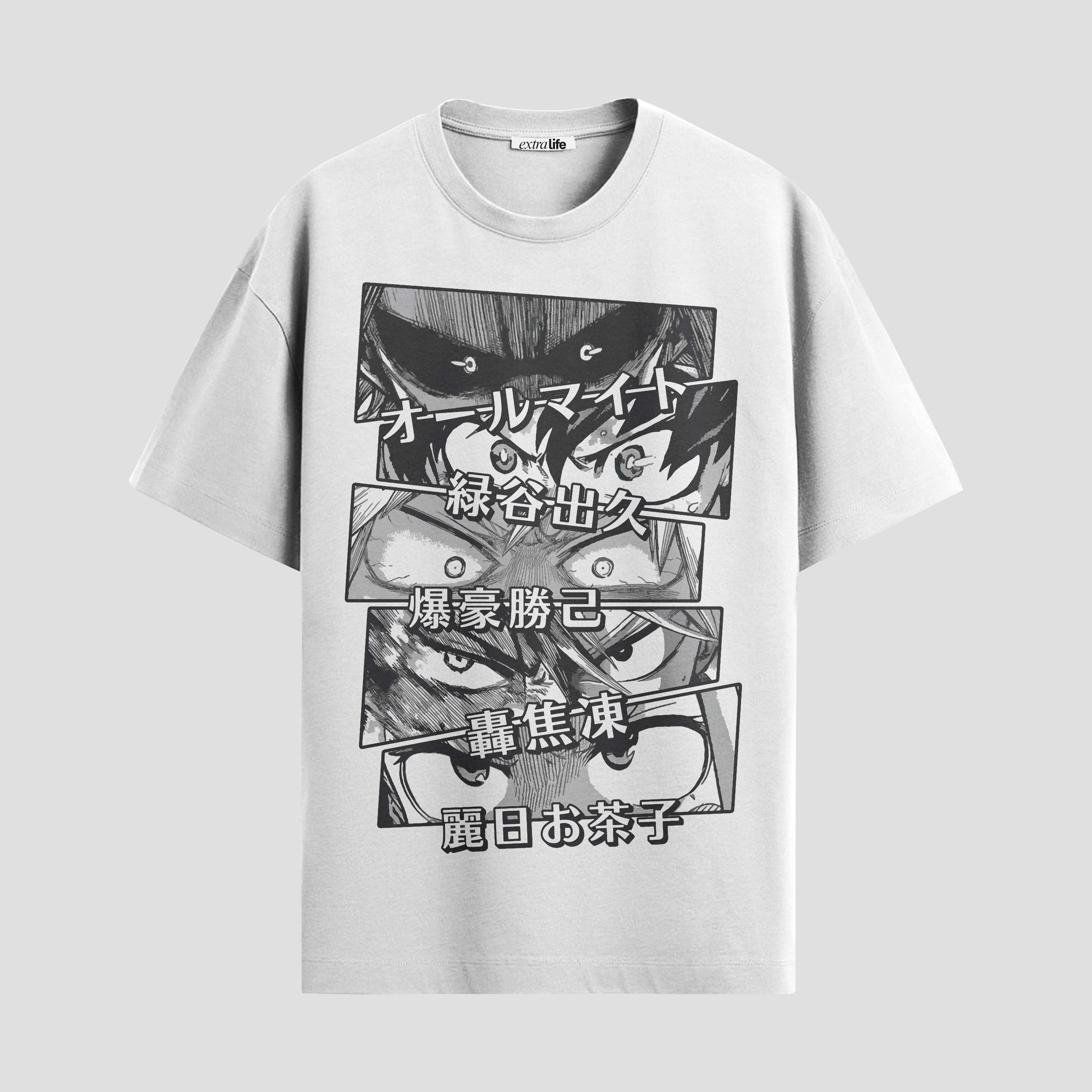 Playera urbana de anime y gaming ExtraLife MX, corte Standard Fit unisex ligero y transpirable en color Deep Black y Pure White, ropa de uso diario para gym y casual.
