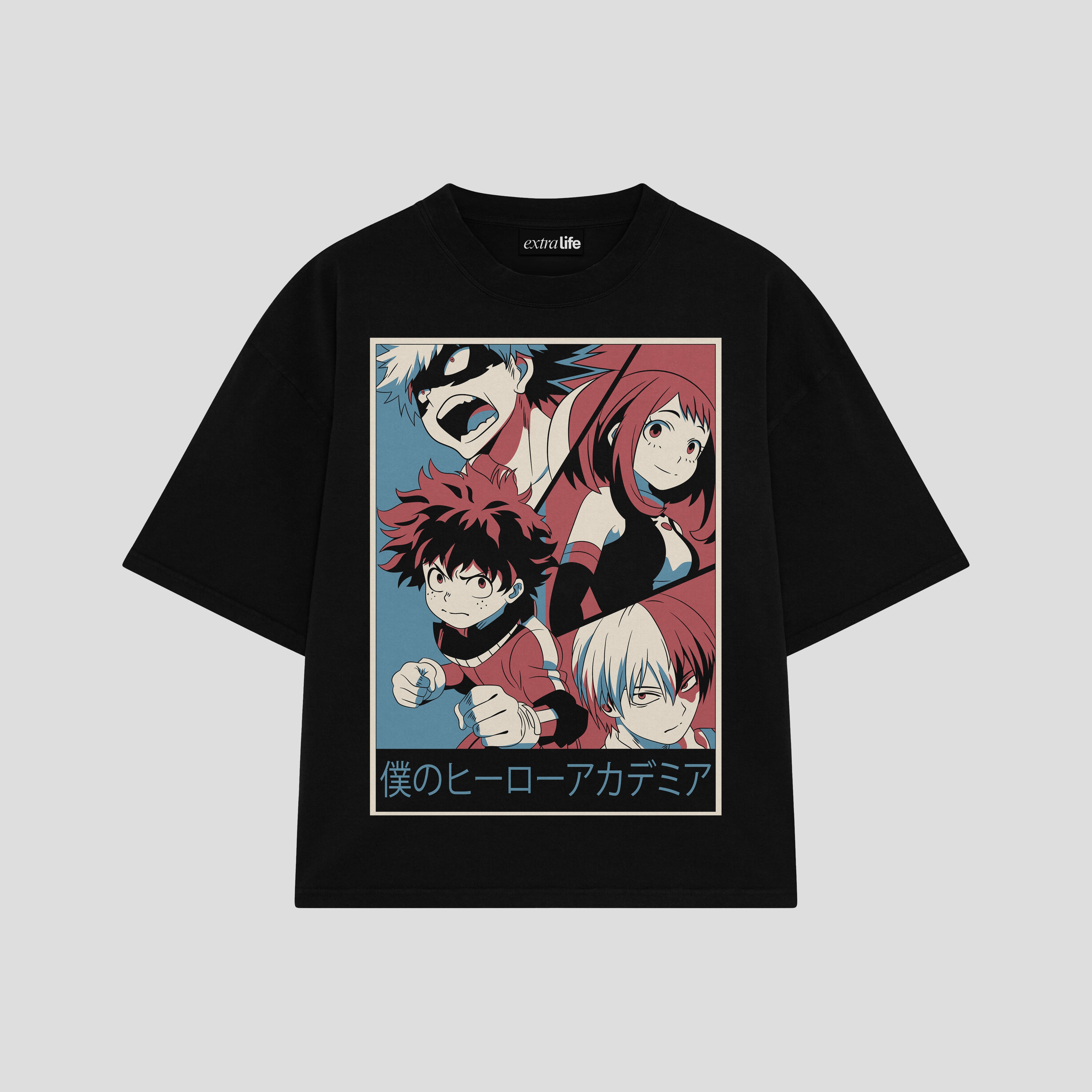 Playera streetwear premium de anime y gaming ExtraLife MX, corte boxy oversized drop shoulder heavyweight en color Deep Black y Off-White, moda urbana mexicana de culto.