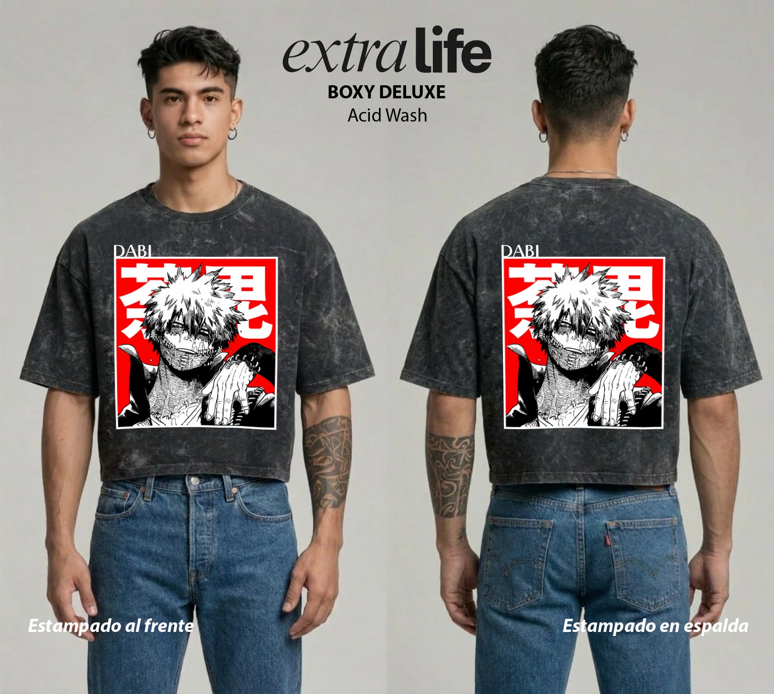 Playera streetwear premium de anime y gaming ExtraLife MX, corte boxy deluxe mineral wash heavyweight en color Acid Wash, moda urbana mexicana de culto.
