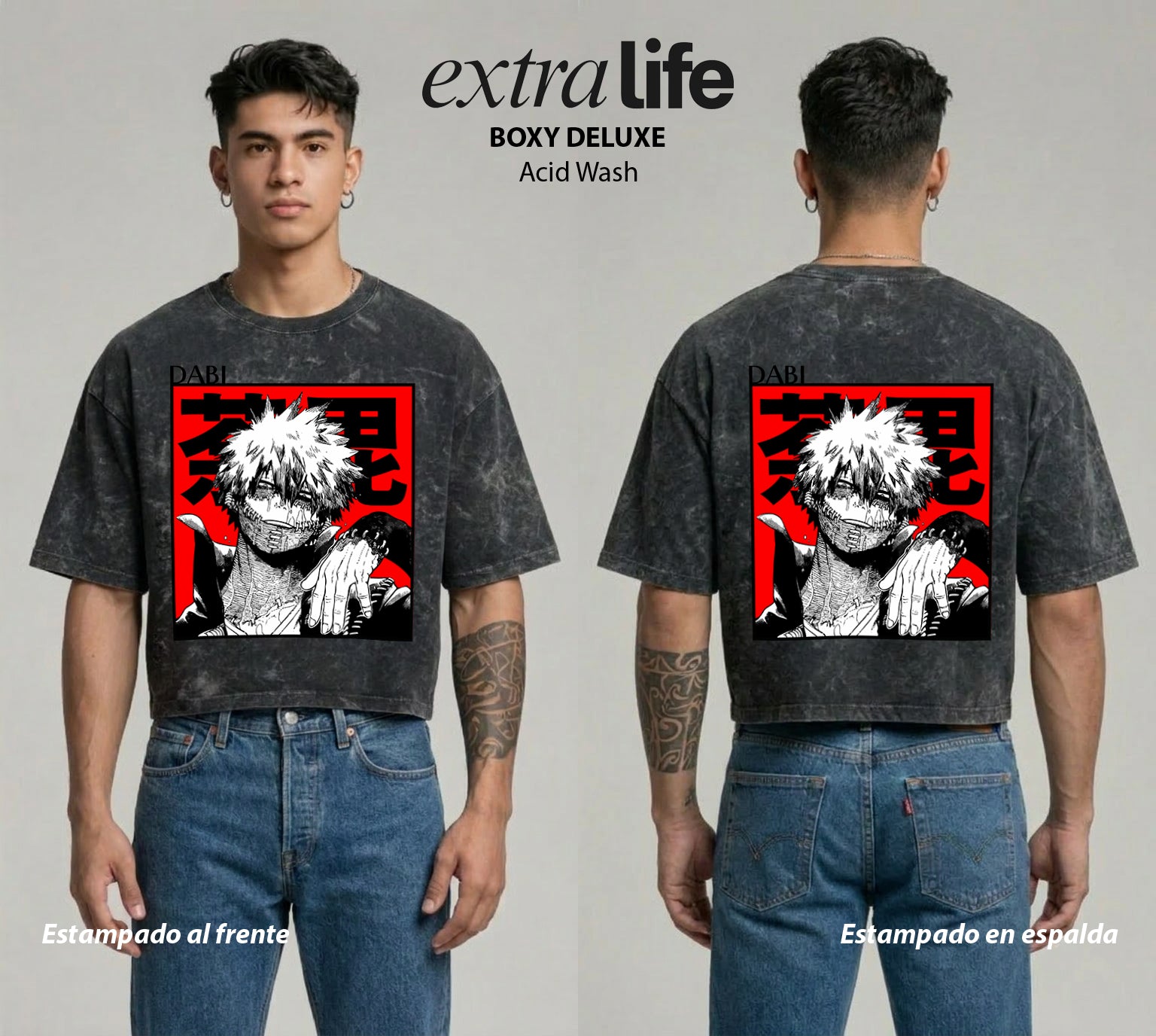 Playera streetwear premium de anime y gaming ExtraLife MX, corte boxy deluxe mineral wash heavyweight en color Acid Wash, moda urbana mexicana de culto.