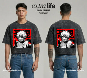 Playera streetwear premium de anime y gaming ExtraLife MX, corte boxy deluxe mineral wash heavyweight en color Acid Wash, moda urbana mexicana de culto.