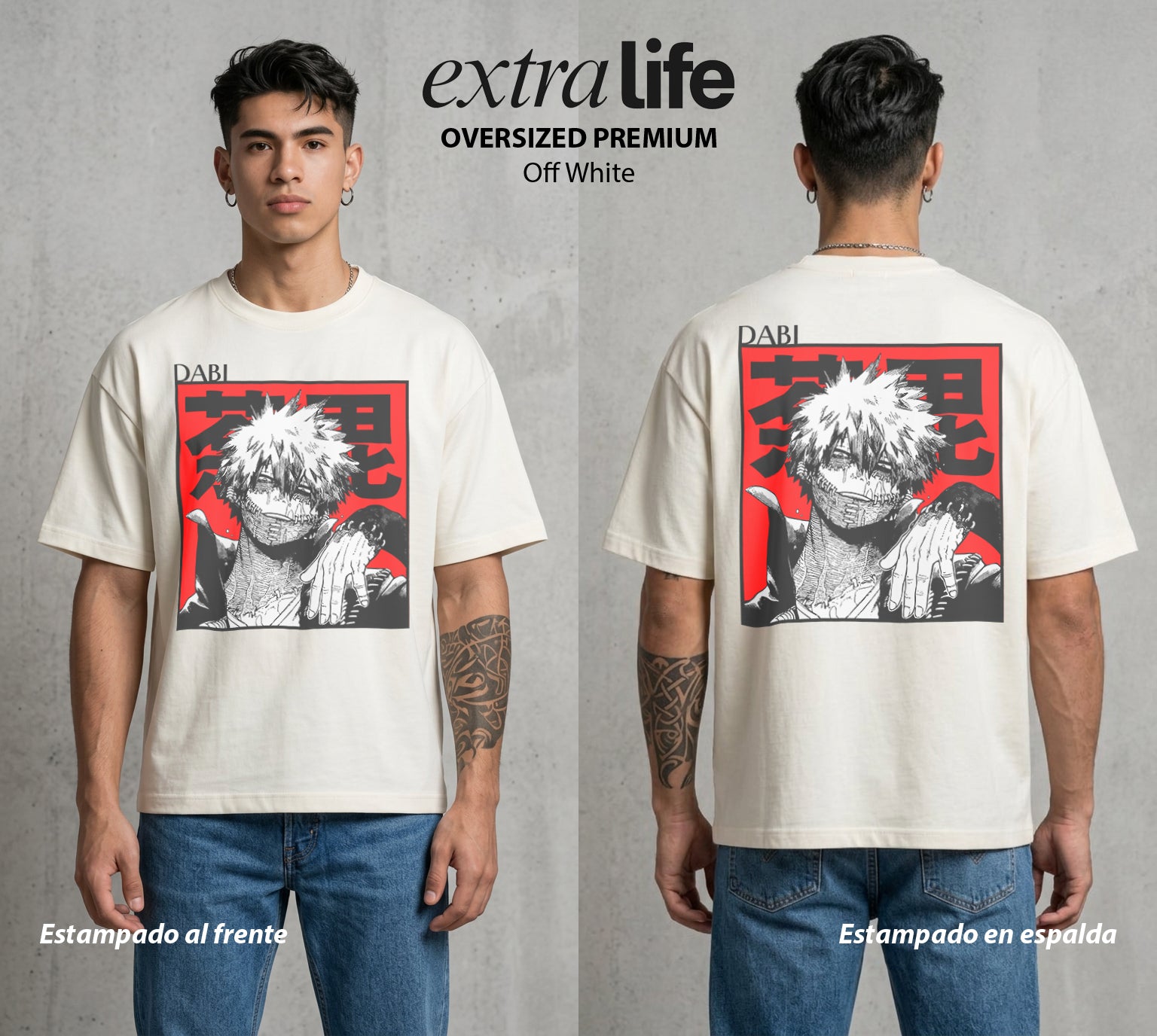 La Academia de Heroes | El Fuego del Clan #02482 - Playera Oversized Premium | Off White - Foto en modelo