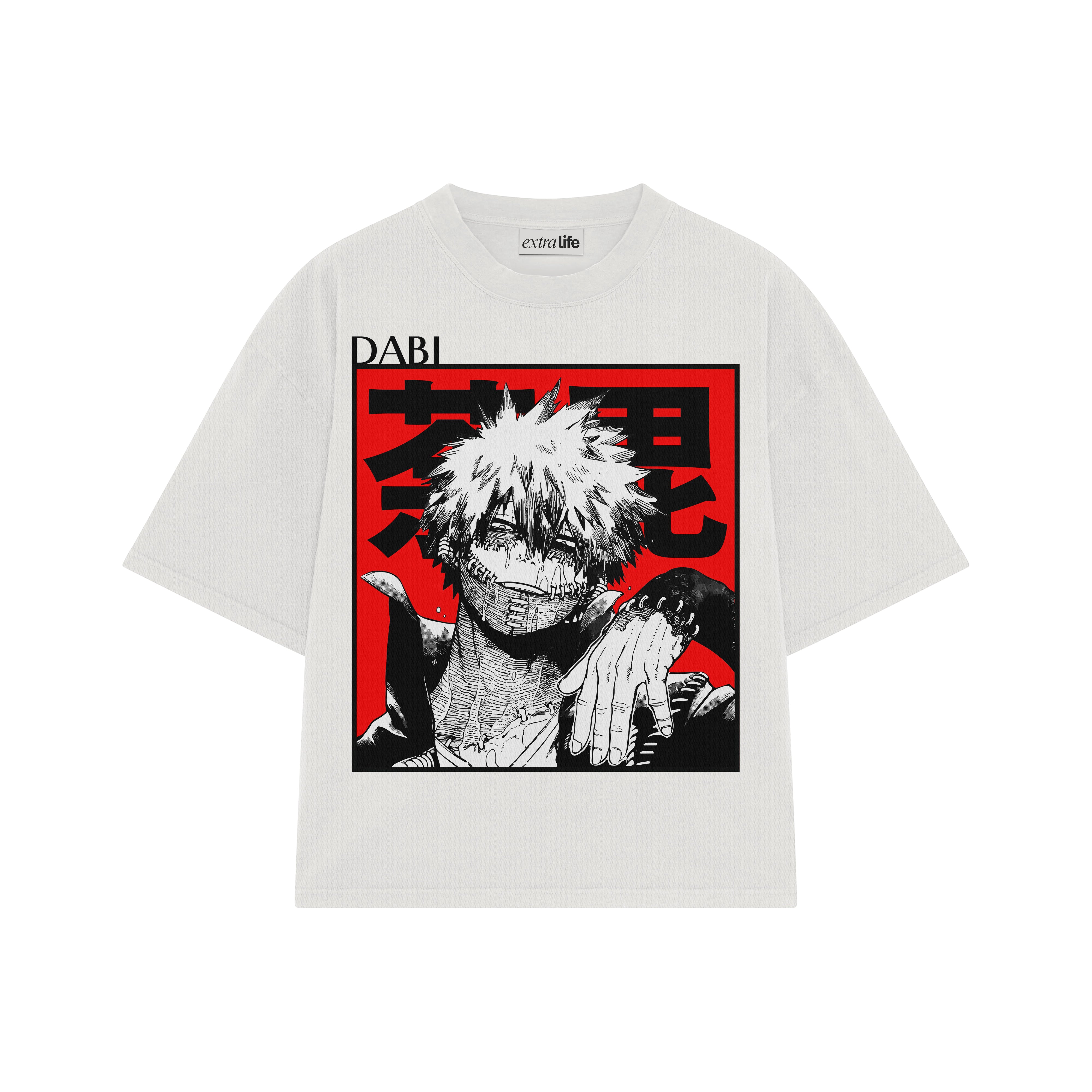 Playera streetwear premium de anime y gaming ExtraLife MX, corte boxy oversized drop shoulder heavyweight en color Deep Black y Off-White, moda urbana mexicana de culto.