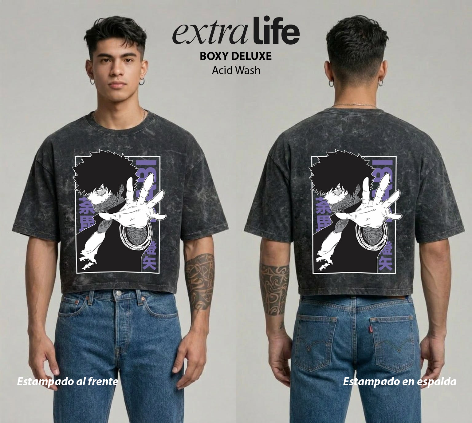 Playera streetwear premium de anime y gaming ExtraLife MX, corte boxy deluxe mineral wash heavyweight en color Acid Wash, moda urbana mexicana de culto.