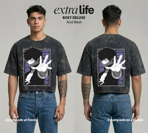 Playera streetwear premium de anime y gaming ExtraLife MX, corte boxy deluxe mineral wash heavyweight en color Acid Wash, moda urbana mexicana de culto.