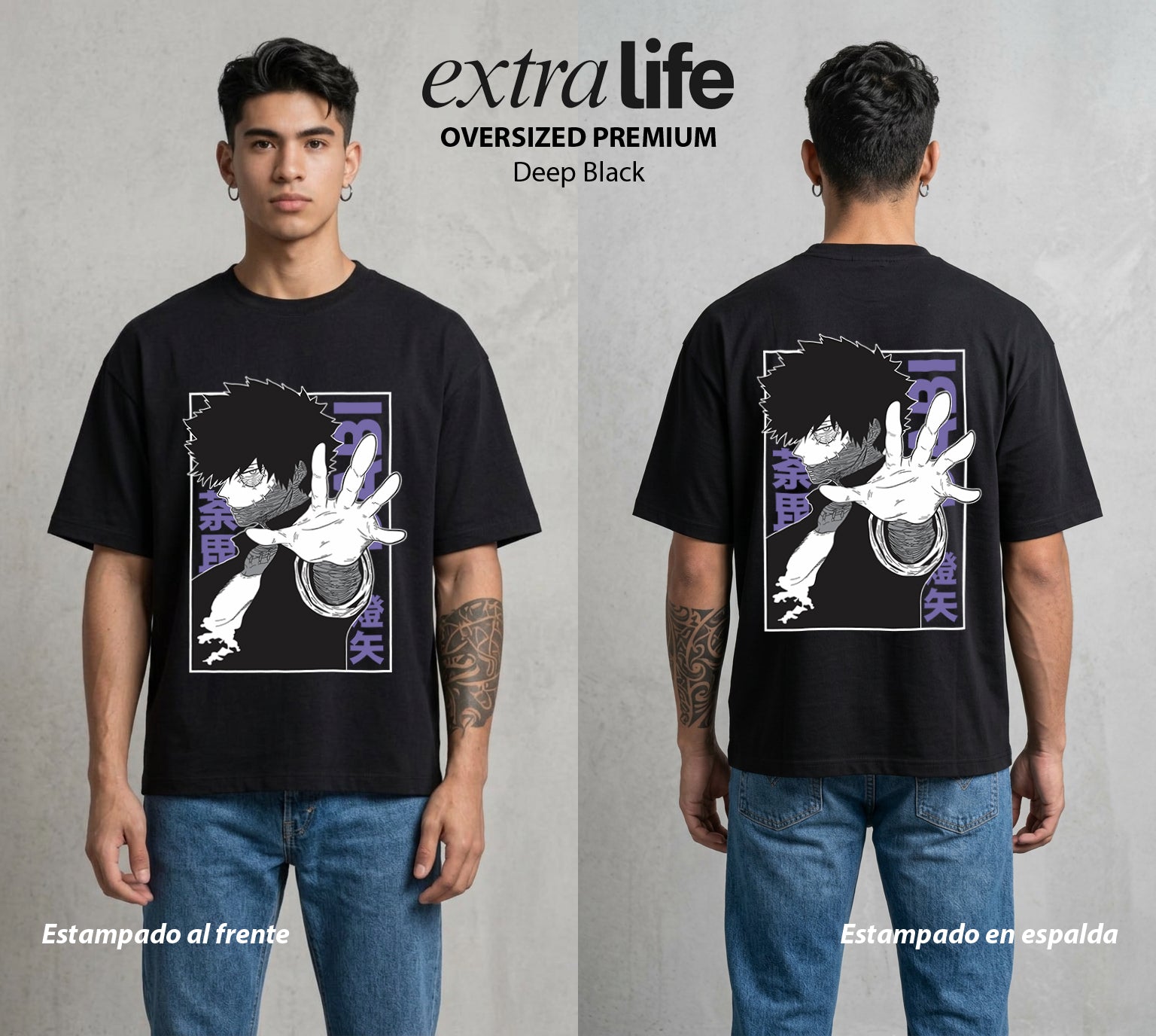 La Academia de Heroes | Las Llamas Azules #02483 - Playera Oversized Premium | Deep Black - Foto en modelo
