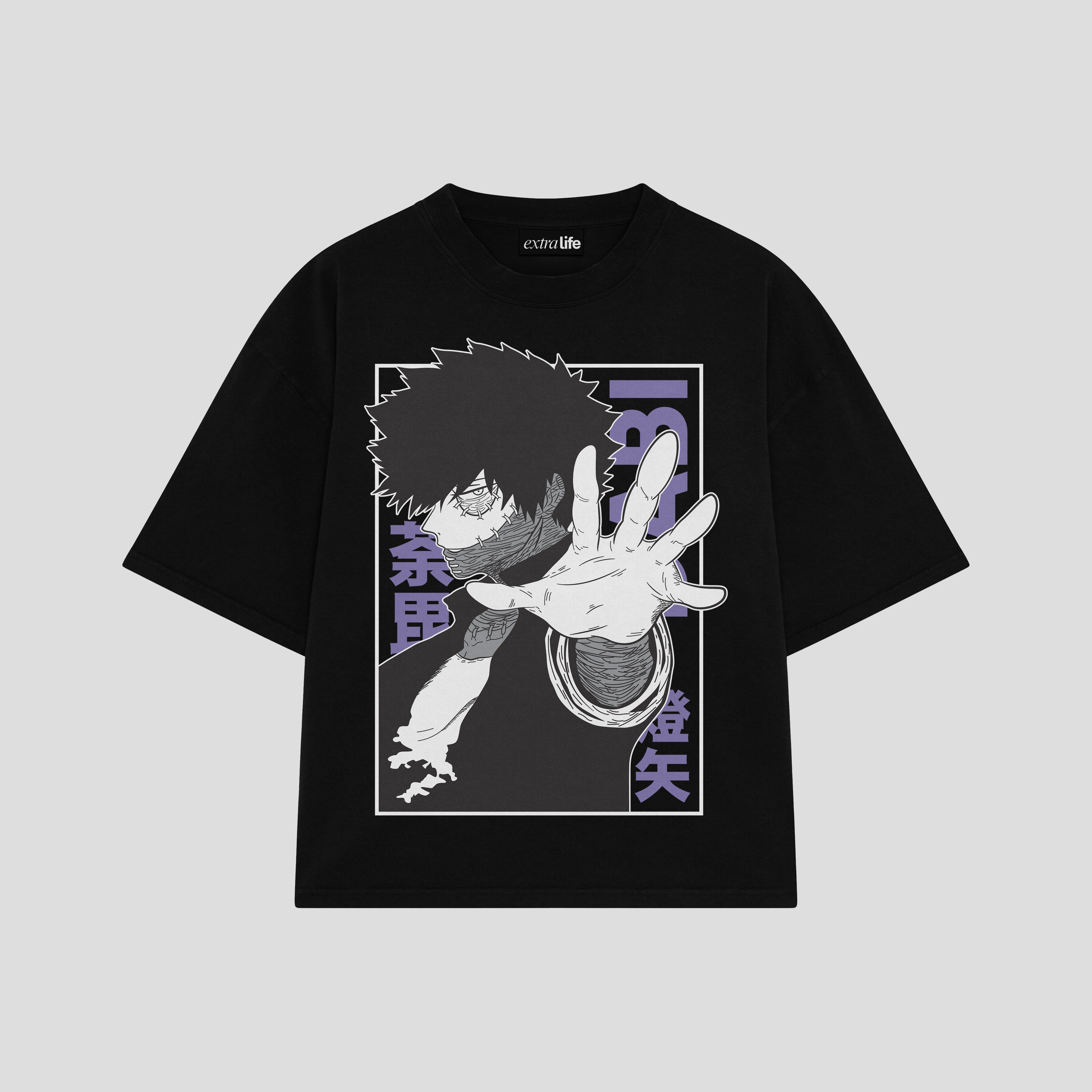 Playera streetwear premium de anime y gaming ExtraLife MX, corte boxy oversized drop shoulder heavyweight en color Deep Black y Off-White, moda urbana mexicana de culto.