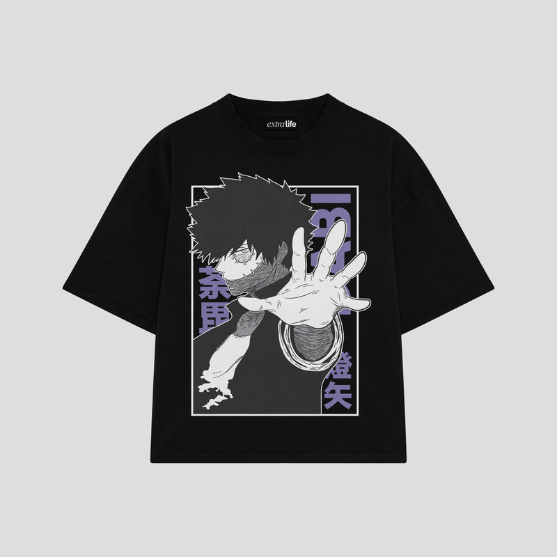 Playera streetwear premium de anime y gaming ExtraLife MX, corte boxy oversized drop shoulder heavyweight en color Deep Black y Off-White, moda urbana mexicana de culto.