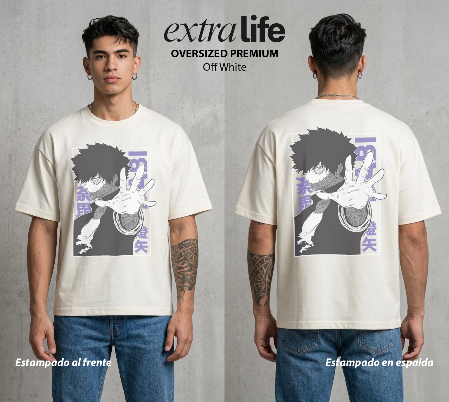 La Academia de Heroes | Las Llamas Azules #02483 - Playera Oversized Premium | Off White - Foto en modelo