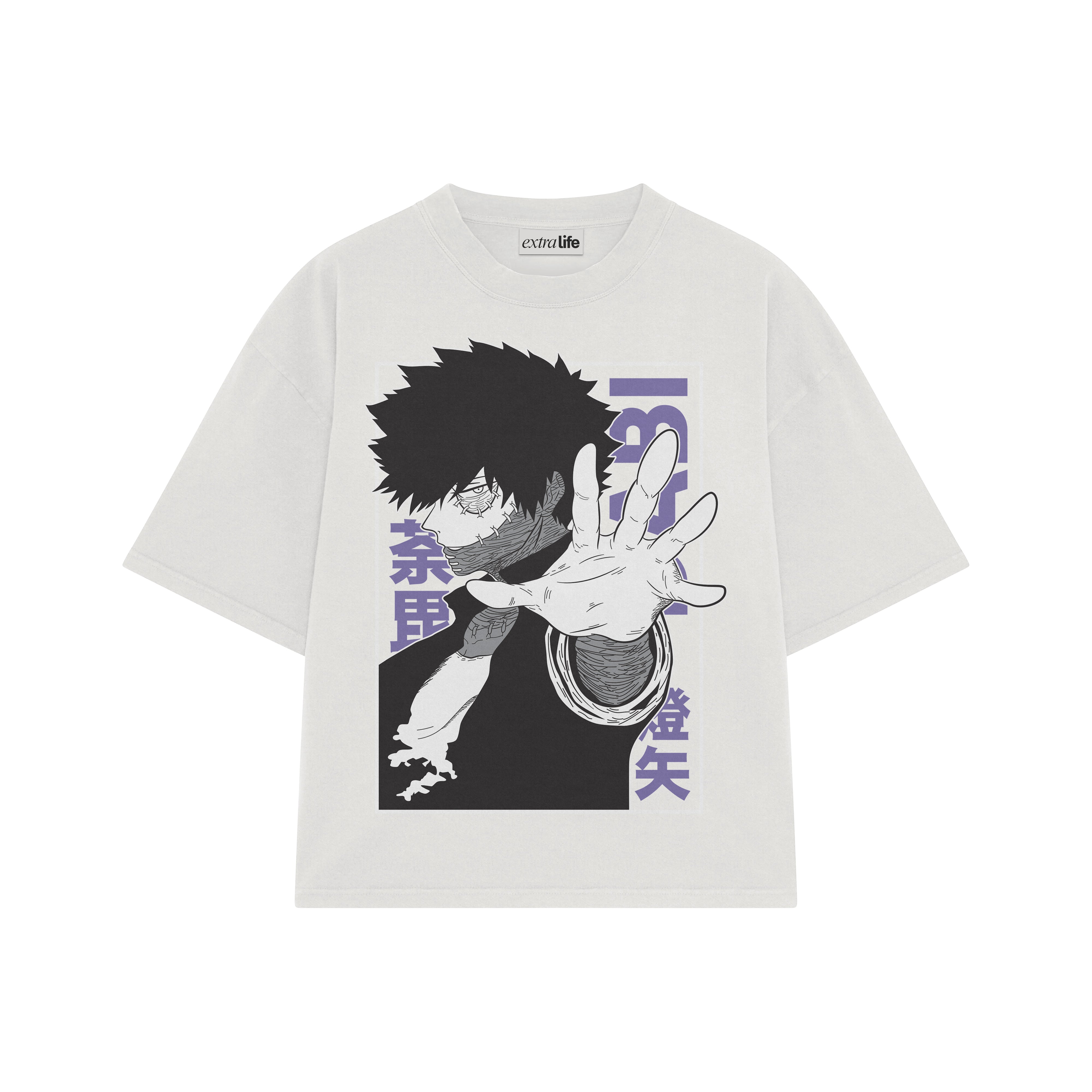 Playera streetwear premium de anime y gaming ExtraLife MX, corte boxy oversized drop shoulder heavyweight en color Deep Black y Off-White, moda urbana mexicana de culto.
