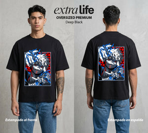 La Academia de Heroes | El Fuego del Clan #02484 - Playera Oversized Premium | Deep Black - Foto en modelo