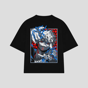 Playera streetwear premium de anime y gaming ExtraLife MX, corte boxy oversized drop shoulder heavyweight en color Deep Black y Off-White, moda urbana mexicana de culto.