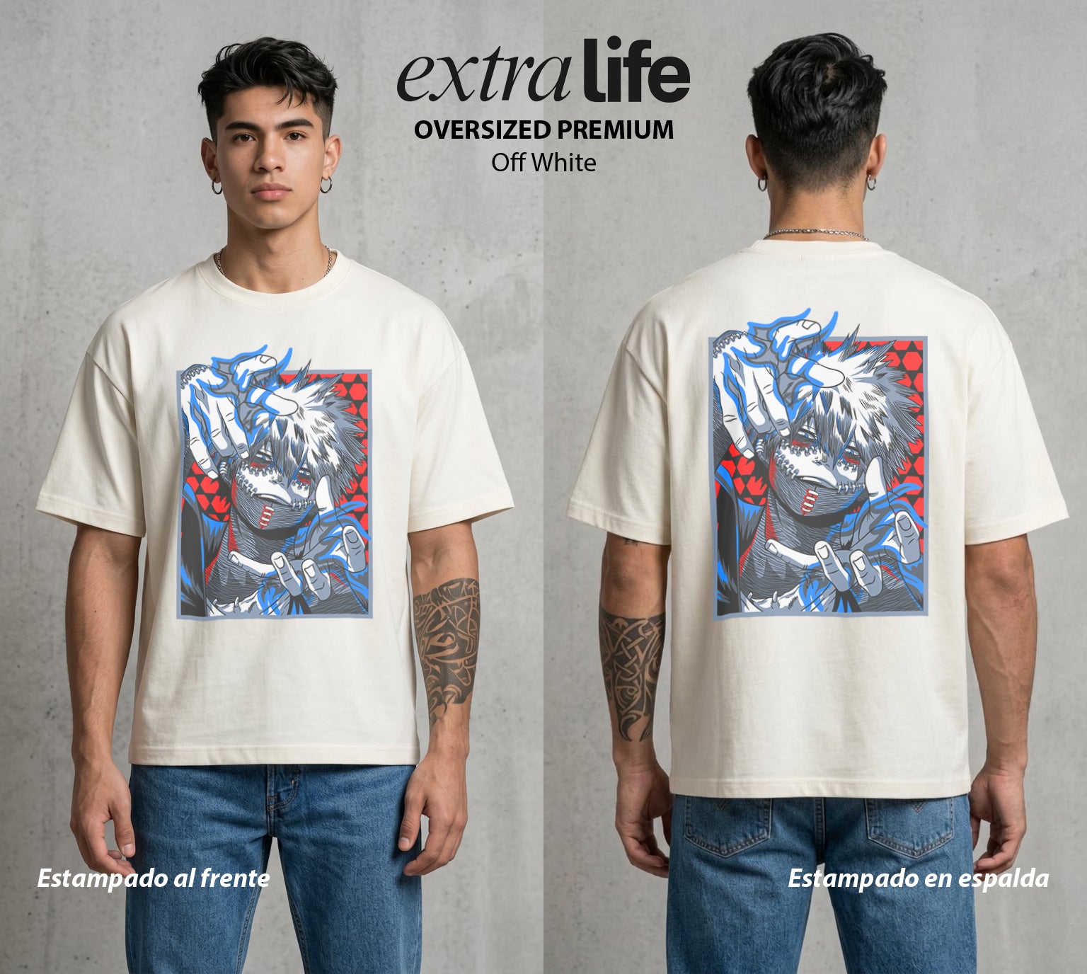 La Academia de Heroes | El Fuego del Clan #02484 - Playera Oversized Premium | Off White - Foto en modelo