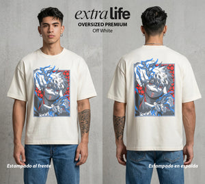 La Academia de Heroes | El Fuego del Clan #02484 - Playera Oversized Premium | Off White - Foto en modelo