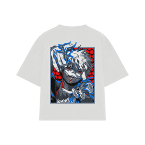 Playera streetwear premium de anime y gaming ExtraLife MX, corte boxy oversized drop shoulder heavyweight en color Deep Black y Off-White, moda urbana mexicana de culto.