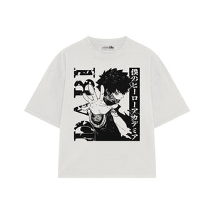 Playera streetwear premium de anime y gaming ExtraLife MX, corte boxy oversized drop shoulder heavyweight en color Deep Black y Off-White, moda urbana mexicana de culto.