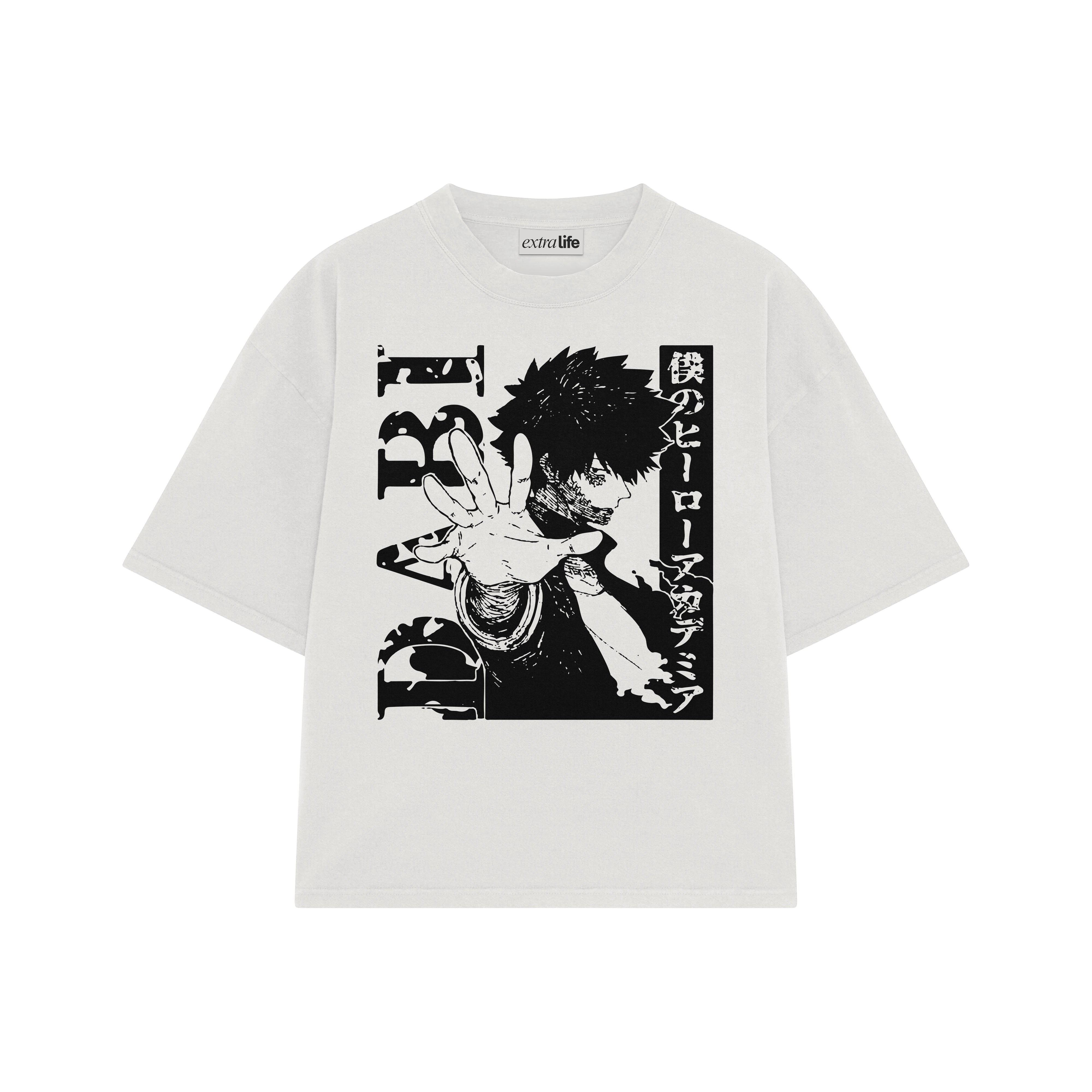 Playera streetwear premium de anime y gaming ExtraLife MX, corte boxy oversized drop shoulder heavyweight en color Deep Black y Off-White, moda urbana mexicana de culto.