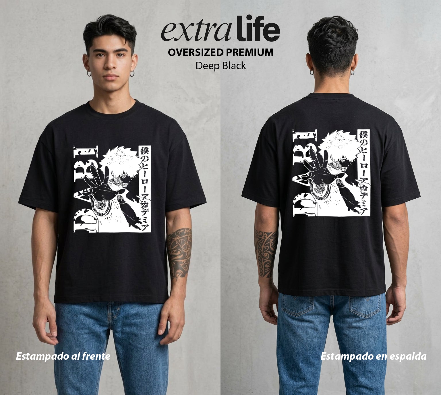 La Academia de Heroes | Las Llamas Azules #02487 - Playera Oversized Premium | Deep Black - Foto en modelo