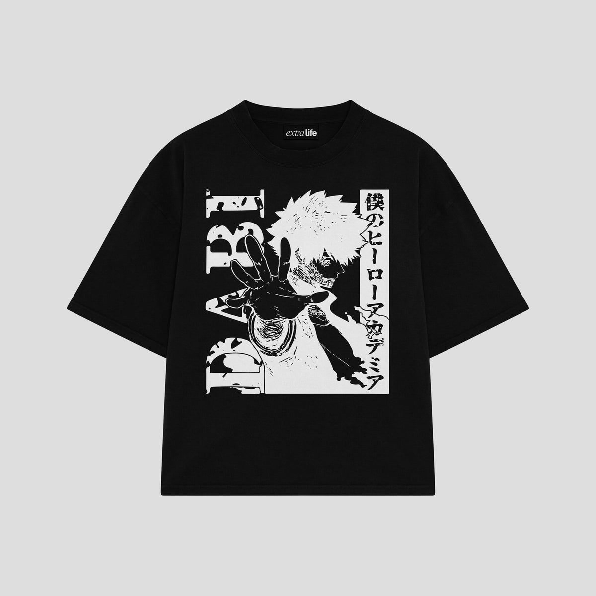 Playera streetwear premium de anime y gaming ExtraLife MX, corte oversized drop shoulder ligero y fresco en color Deep Black y Off-White, moda urbana mexicana de culto.