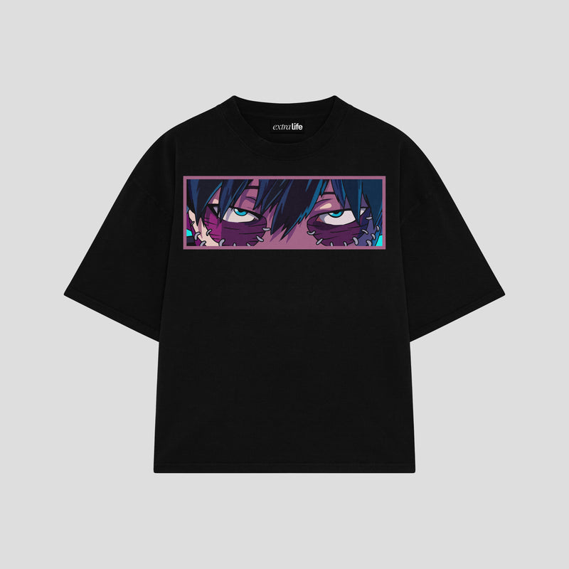 Playera streetwear premium de anime y gaming ExtraLife MX, corte boxy oversized drop shoulder heavyweight en color Deep Black y Off-White, moda urbana mexicana de culto.