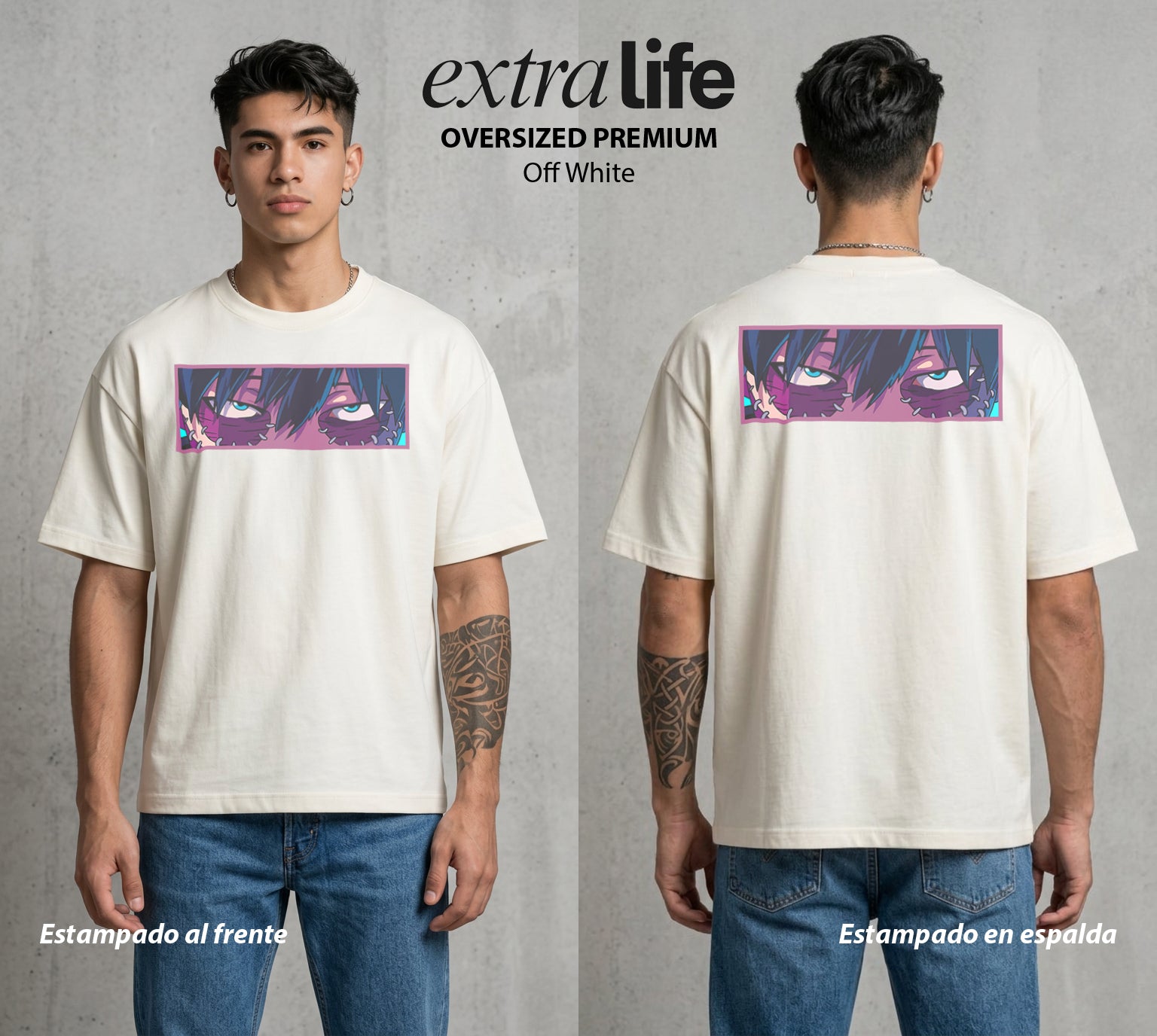 La Academia de Heroes | El Fuego del Clan #02488 - Playera Oversized Premium | Off White - Foto en modelo