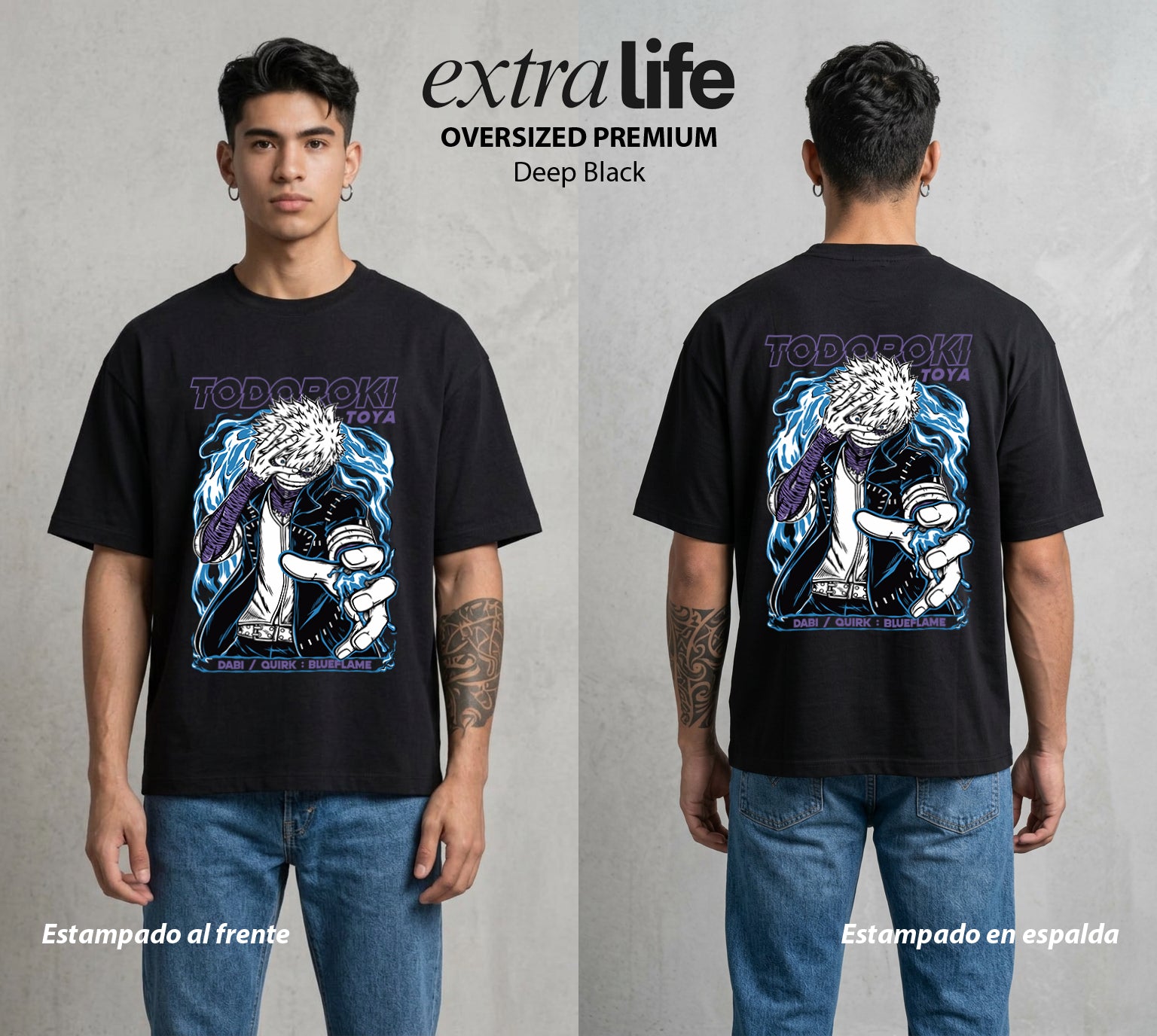 La Academia de Heroes | Las Llamas Azules #02489 - Playera Oversized Premium | Deep Black - Foto en modelo