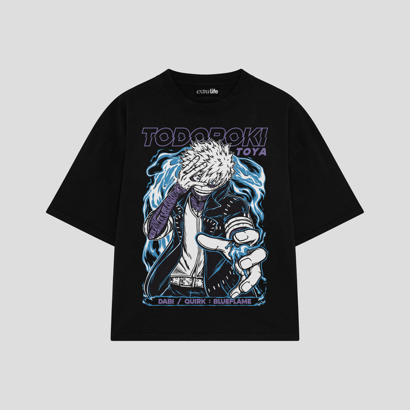 Playera streetwear premium de anime y gaming ExtraLife MX, corte boxy oversized drop shoulder heavyweight en color Deep Black y Off-White, moda urbana mexicana de culto.