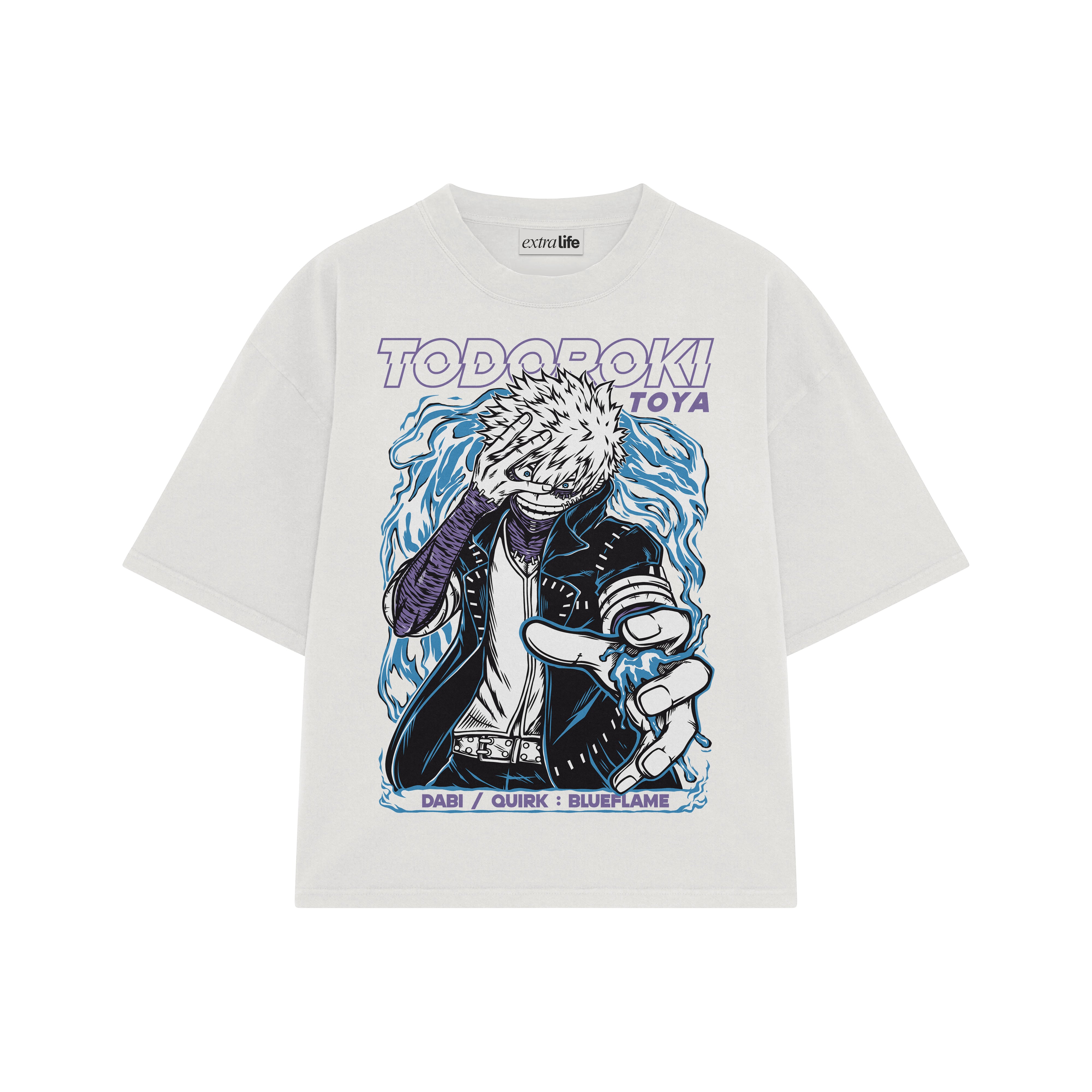 Playera streetwear premium de anime y gaming ExtraLife MX, corte boxy oversized drop shoulder heavyweight en color Deep Black y Off-White, moda urbana mexicana de culto.