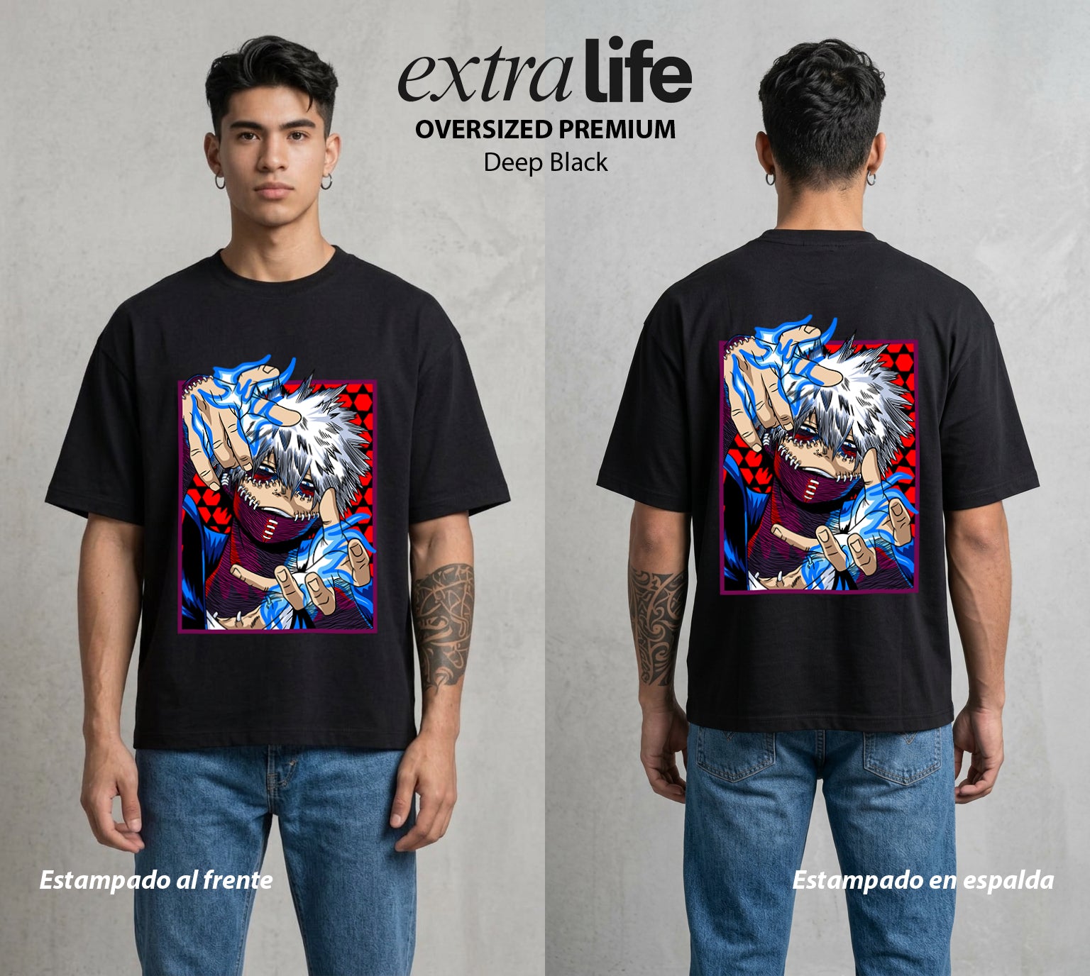 La Academia de Heroes | El Fuego del Clan #02490 - Playera Oversized Premium | Deep Black - Foto en modelo