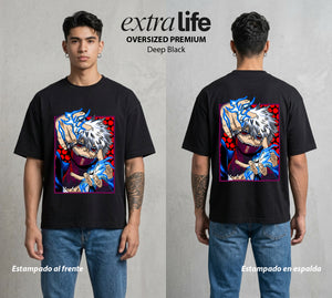 La Academia de Heroes | El Fuego del Clan #02490 - Playera Oversized Premium | Deep Black - Foto en modelo