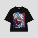 Playera streetwear premium de anime y gaming ExtraLife MX, corte boxy oversized drop shoulder heavyweight en color Deep Black y Off-White, moda urbana mexicana de culto.