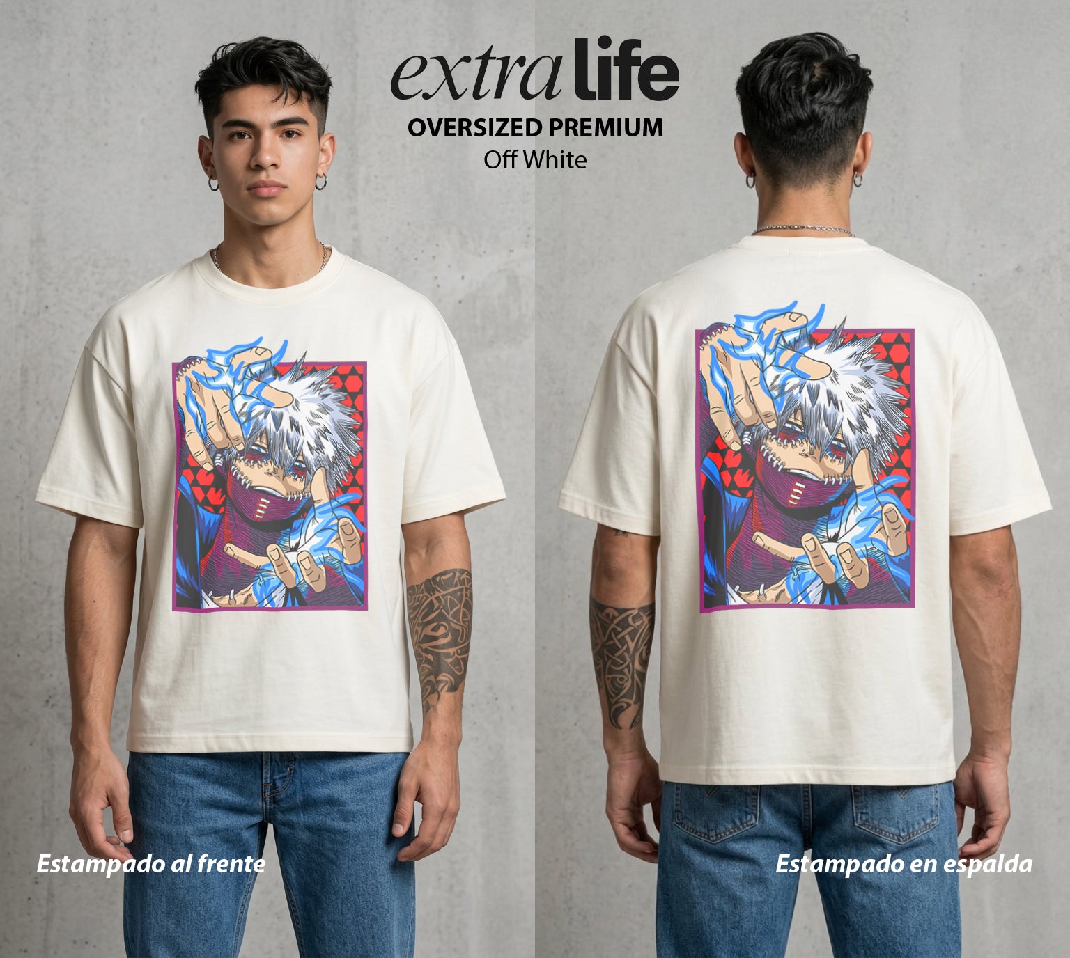 La Academia de Heroes | El Fuego del Clan #02490 - Playera Oversized Premium | Off White - Foto en modelo