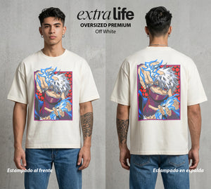 La Academia de Heroes | El Fuego del Clan #02490 - Playera Oversized Premium | Off White - Foto en modelo