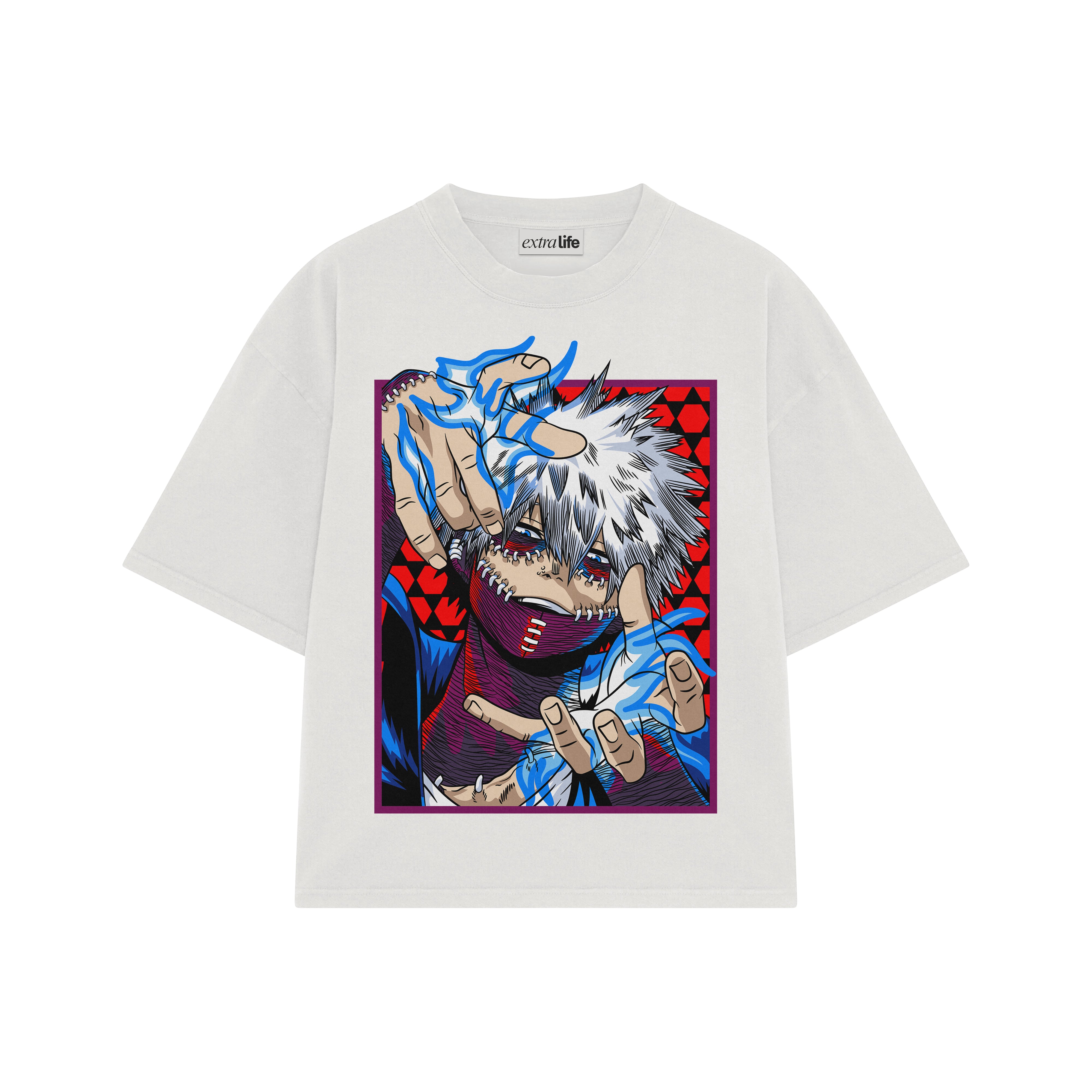 Playera streetwear premium de anime y gaming ExtraLife MX, corte boxy oversized drop shoulder heavyweight en color Deep Black y Off-White, moda urbana mexicana de culto.