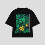 Playera streetwear premium de anime y gaming ExtraLife MX, corte boxy oversized drop shoulder heavyweight en color Deep Black y Off-White, moda urbana mexicana de culto.