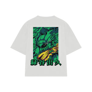 Playera streetwear premium de anime y gaming ExtraLife MX, corte boxy oversized drop shoulder heavyweight en color Deep Black y Off-White, moda urbana mexicana de culto.