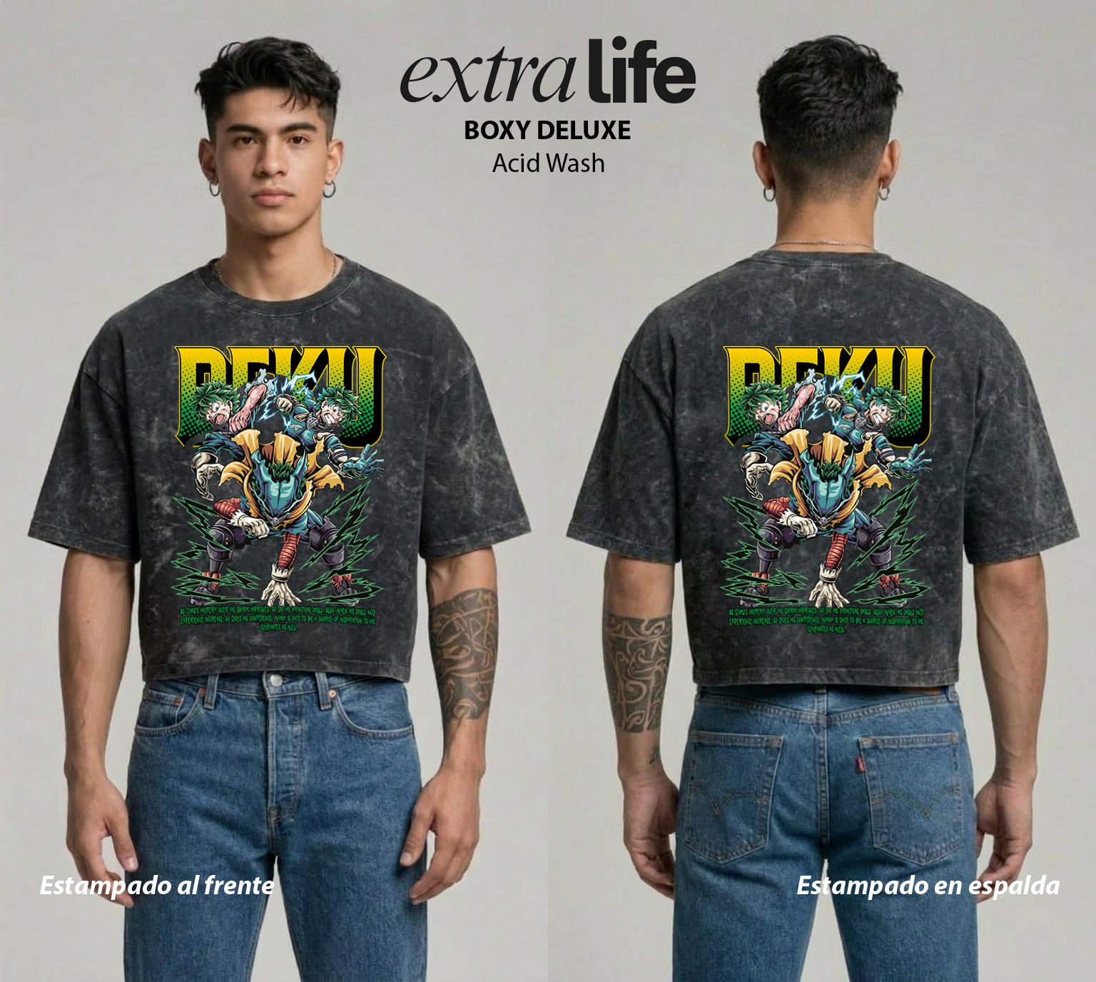 Playera streetwear premium de anime y gaming ExtraLife MX, corte boxy deluxe mineral wash heavyweight en color Acid Wash, moda urbana mexicana de culto.