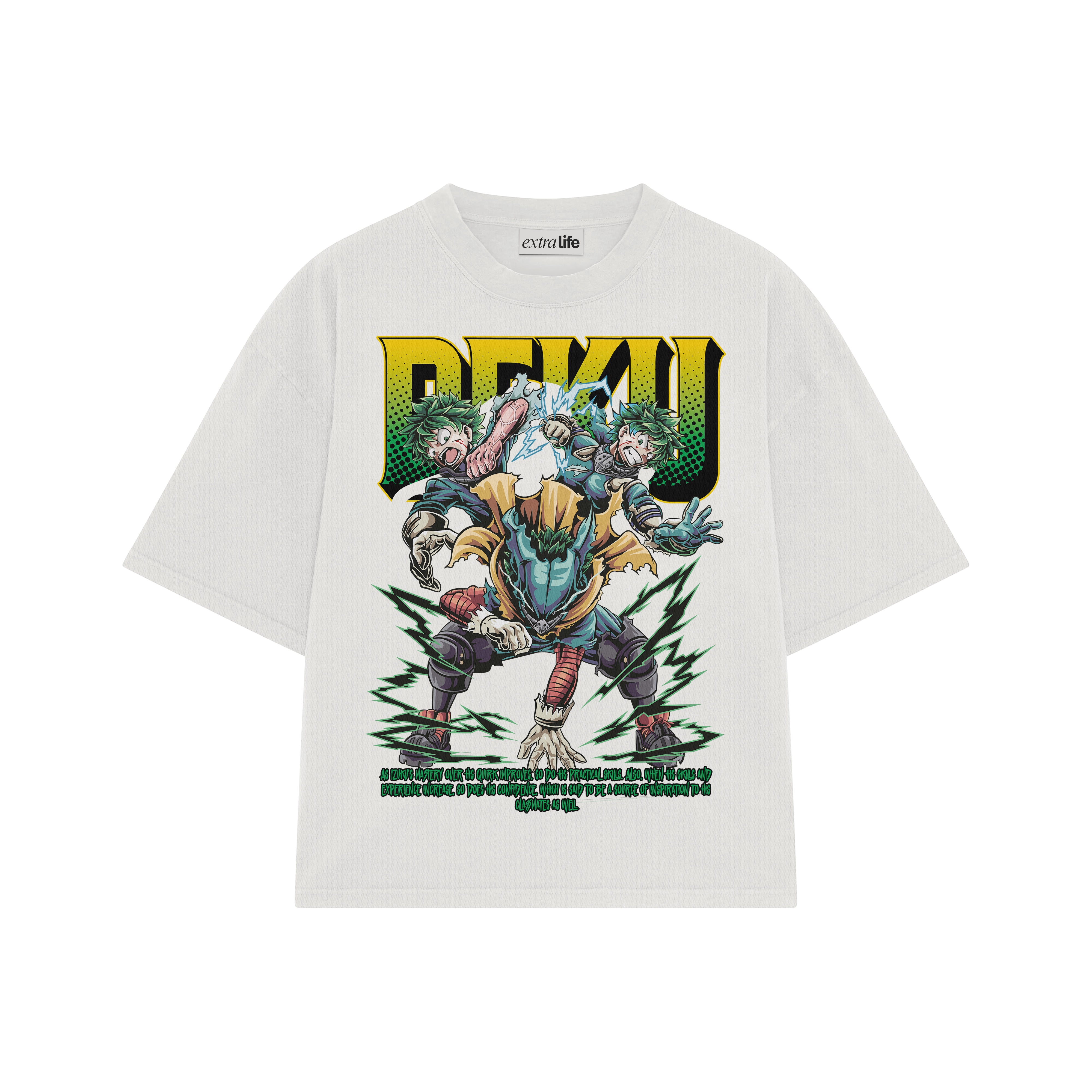 Playera streetwear premium de anime y gaming ExtraLife MX, corte boxy oversized drop shoulder heavyweight en color Deep Black y Off-White, moda urbana mexicana de culto.