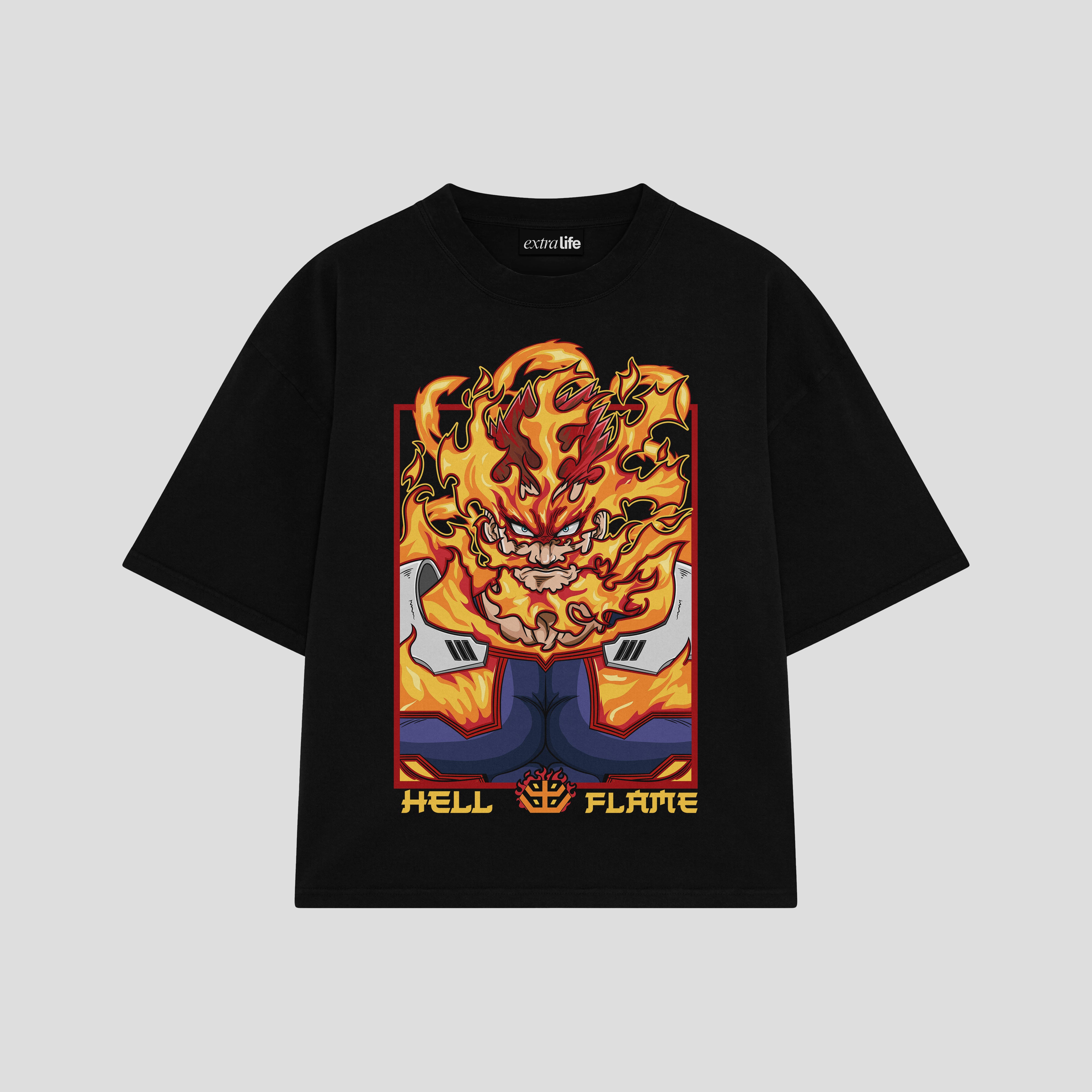 Playera streetwear premium de anime y gaming ExtraLife MX, corte boxy oversized drop shoulder heavyweight en color Deep Black y Off-White, moda urbana mexicana de culto.