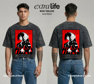 Playera streetwear premium de anime y gaming ExtraLife MX, corte boxy deluxe mineral wash heavyweight en color Acid Wash, moda urbana mexicana de culto.